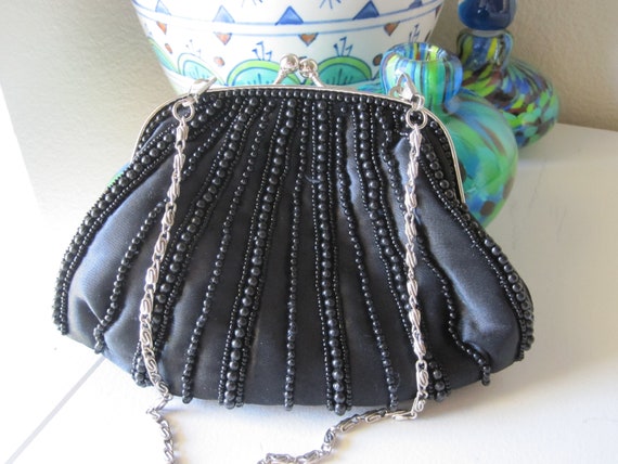 BLACK BEADED POUCH Evening Bag 1980's - image 3
