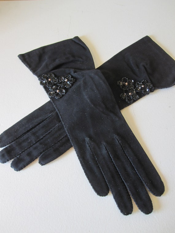 BLACK BEADED SUEDE Gloves Circa 1960s