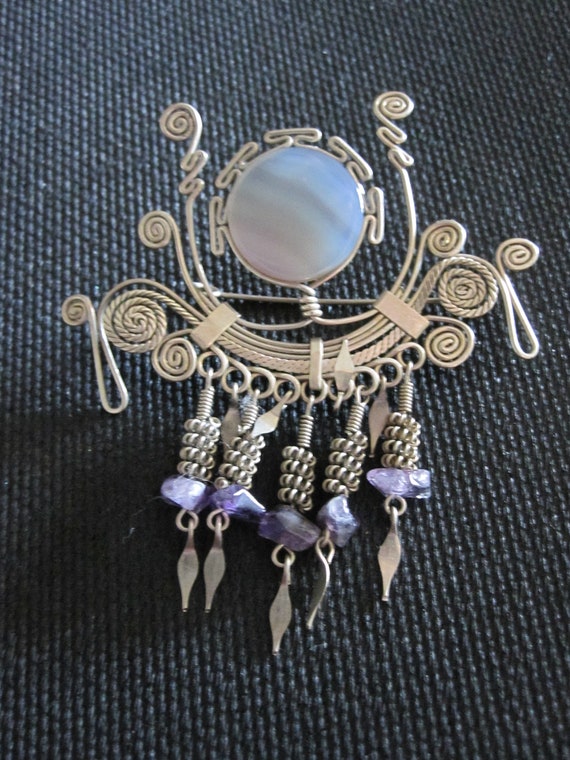 BRAZILIAN TWISTED SILVER Agate Brooch