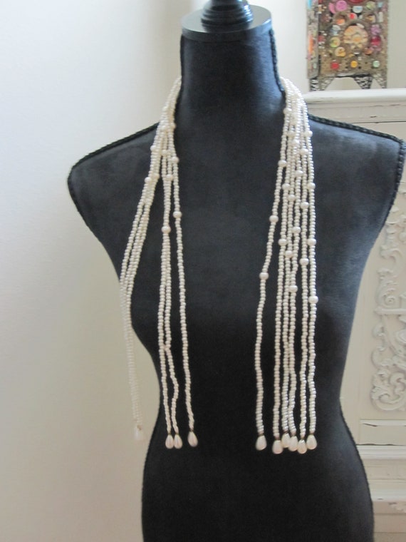 FAUX PEARL FLAPPER Art Deco Seed Bead Necklace - image 1