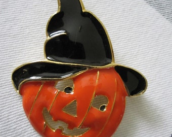 ENAMEL PUMPKIN BROOCH With Black Hat