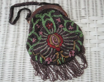 ANTIQUE FRENCH EARTH Tones Beaded Evening Bag