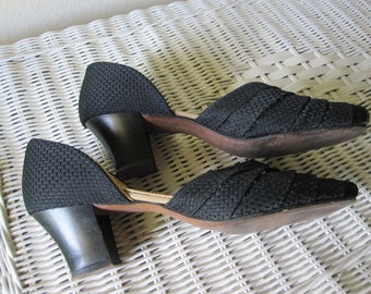 1940s BLACK PEEP TOE Fabric Quilted Slipper Pumps