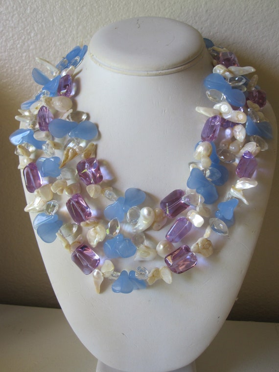 SHELL LAVENDER & BLUE Glass 3 Strand Necklace