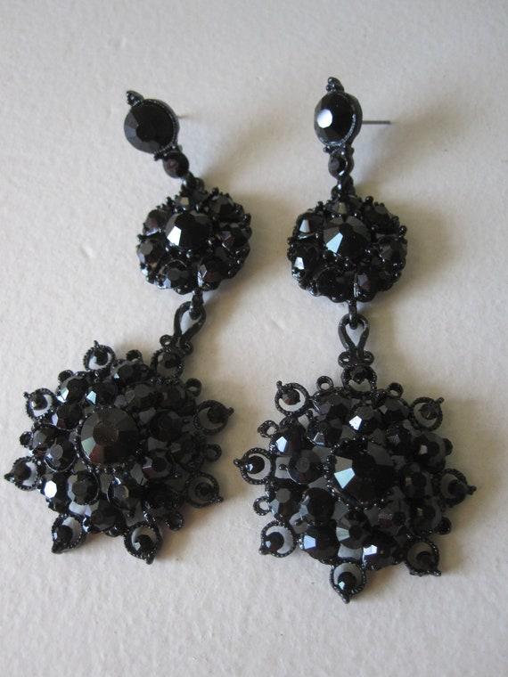 Long Black RHINESTONE DROP Pierced Earrings