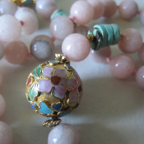 ROSE QUARTZ CLOISONNE & Turquoise Bead Necklace