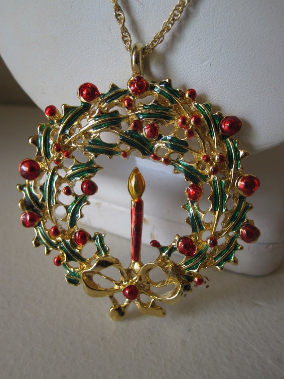 CHRISTMAS CANDLE WREATH Pendant Necklace Enamel