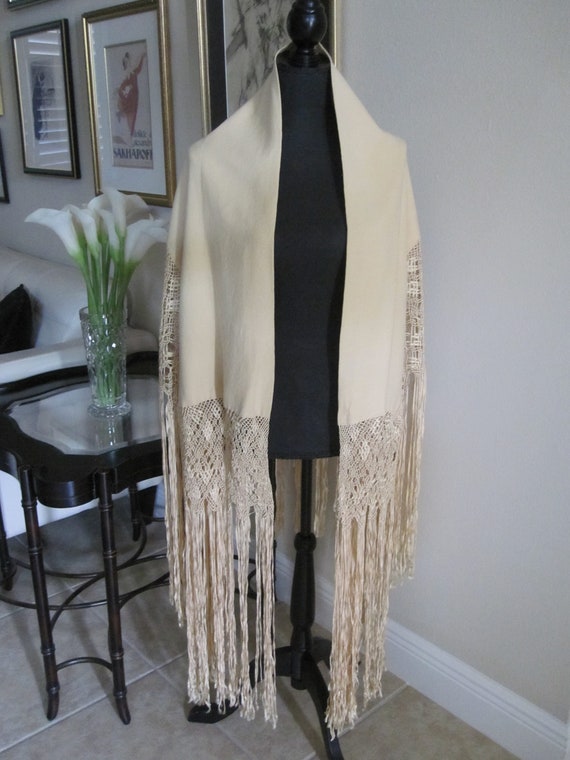 CREAM WOOL CREPE Shawl With Silk Ribbon Fringe