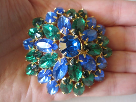 BLUE & GREEN RHINESTONE Brooch