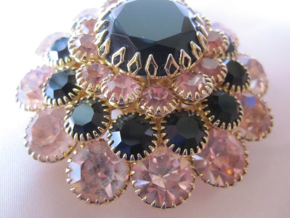 PINK and BLACK CZECH Glass Tiered Brooch - image 1