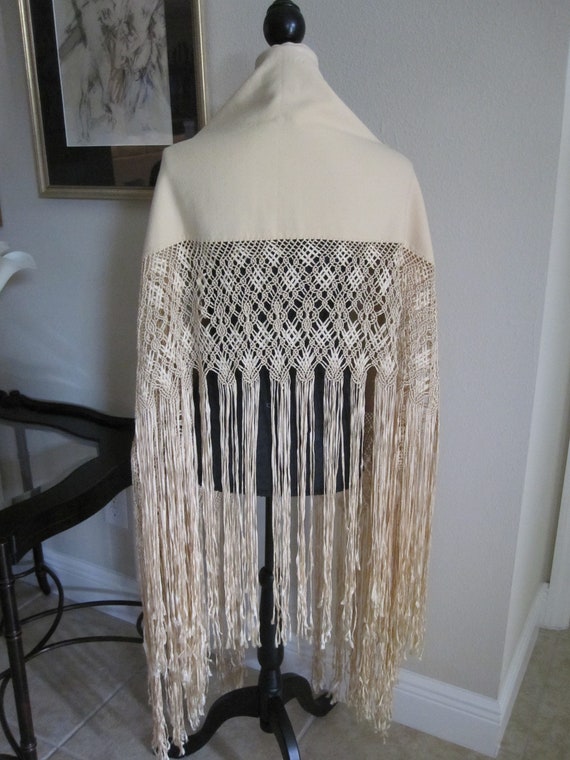 CREAM WOOL CREPE Shawl With Silk Ribbon Fringe - image 9