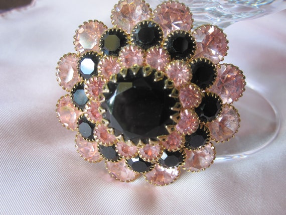 PINK and BLACK CZECH Glass Tiered Brooch - image 2