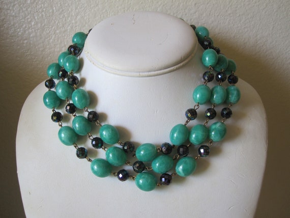 GREEN & BLACK CRYSTAL Plastic 3 Strand Choker Bea… - image 3