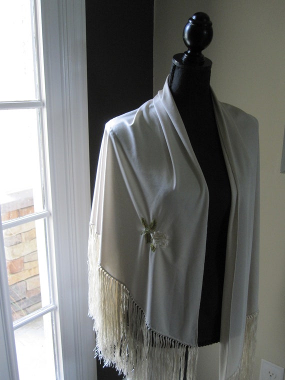 SILK ROSE FRINGED Vintage Shawl - image 3