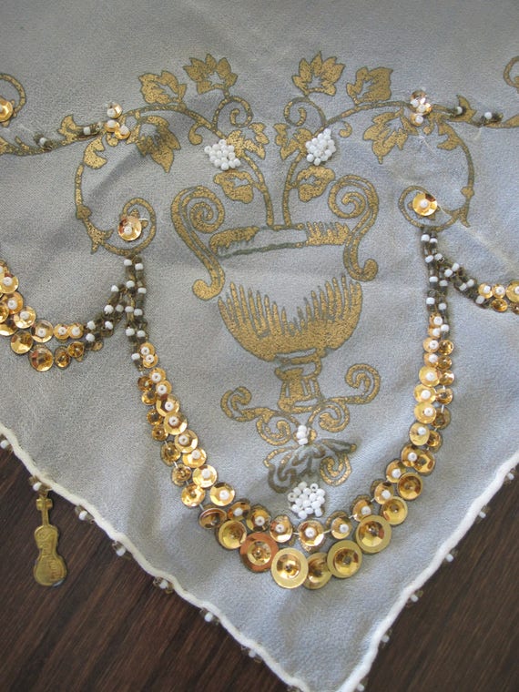 SYMPHONY Silk Handkerchief 1950's With Beads and V