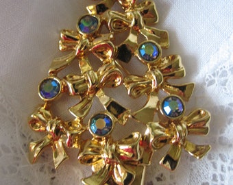 Gold BOW AB Blue RHINESTONE Avon Christmas Tree Brooch