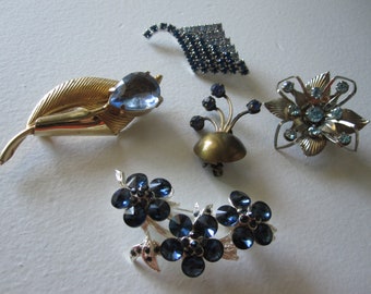 Broche Vintage EKSTRA MET - Style Art Nouveau, Bleue/noire, Strass Et émail, Occasion