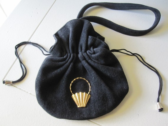 BLACK FELT POUCH Drawstring Evening Bag Etsy