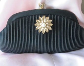 AFTER FIVE Black SATIN Pleated Evening Bag Made In Spain