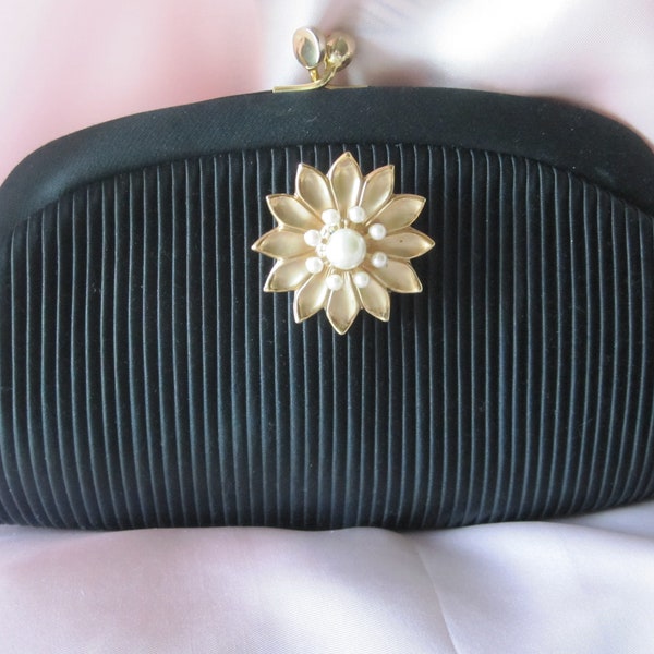 AFTER FIVE Black SATIN Pleated Evening Bag Made In Spain