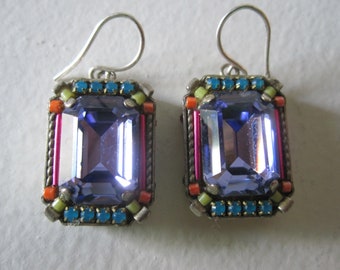BLUE GLASS DECO Emerald Cut Beaded Pierced Earrings