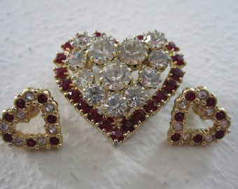 RUBY RHINESTONE BROOCH and Pierced Earrings