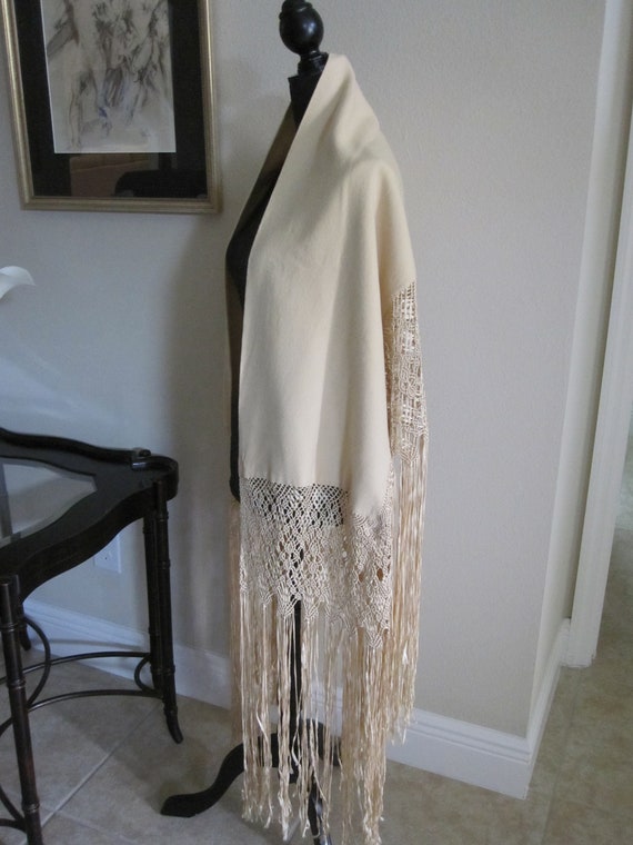 CREAM WOOL CREPE Shawl With Silk Ribbon Fringe - image 3