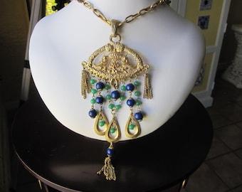 Etruscan Revival Necklace: Gold Brass, Glass Beads, Bird Pendant