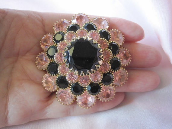 PINK and BLACK CZECH Glass Tiered Brooch - image 6