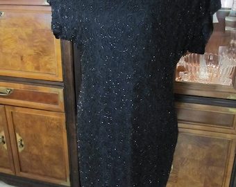 BLACK  BEADED SHEATH  Short Sleeved Dress