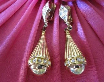 GOLD RHINESTONE TearDrop Earrings CLIP On