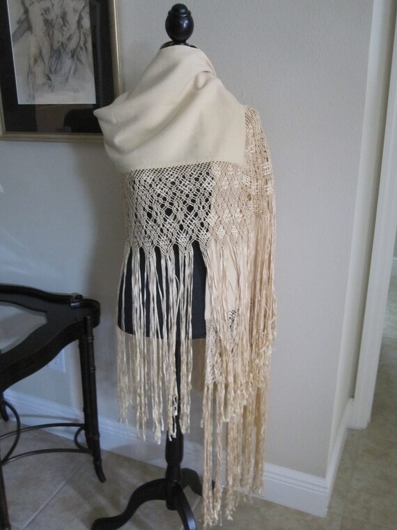 CREAM WOOL CREPE Shawl With Silk Ribbon Fringe - image 4