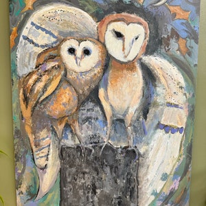 Original Owls Painting  - 16&quot;x20&quot; - Ready to Hang - Owls Wall Art - Gift for Loved One
