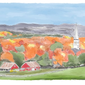 New England Foliage Art Print - Small Town New England - Comes in Various Sizes