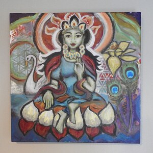 Green Tara Painting - 20&quot;x20&quot; - Healing Energy Artwork - Meditation Studio Art