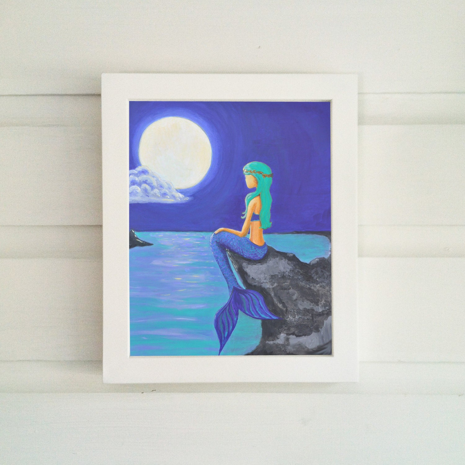 Mermaid and Moon Art Full Moon and Mermaid Wall Art | Etsy