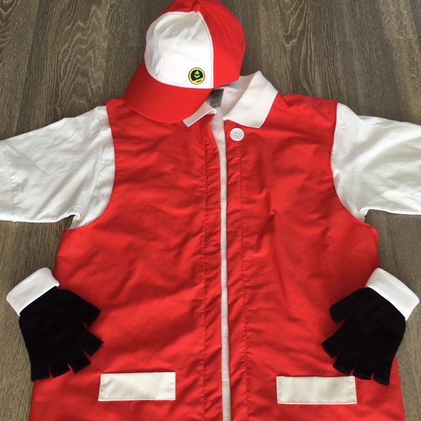 3 pc RED Pokemon Trainer - Cosplay Jacket, Hat & Gloves - Trainer RED - costume Halloween Sm,Med,Lg, XL,2XL,3XL Adult