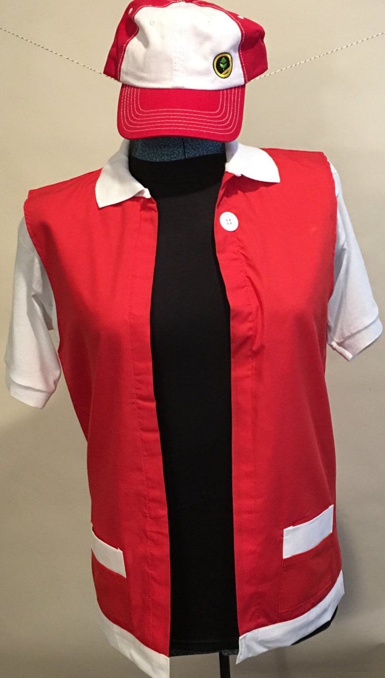 Adult Jacket Gloves Hat Ash Ketchum Pokemon Trainer RED Cosplay 3 pc Costume