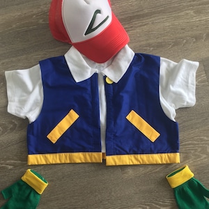 Women's 3 pc CROPPED Top  - ASH Ketchum Trainer  Sexy Costume JACKET  - Cosplay - Small, Med, Large, Xl w/hat & gloves