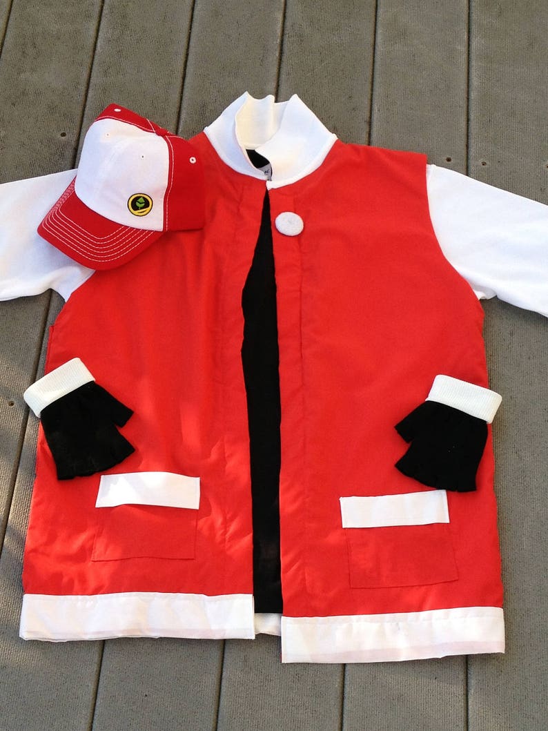 Adult Jacket Gloves Hat Ash Ketchum Pokemon Trainer RED Cosplay 3 pc Costume