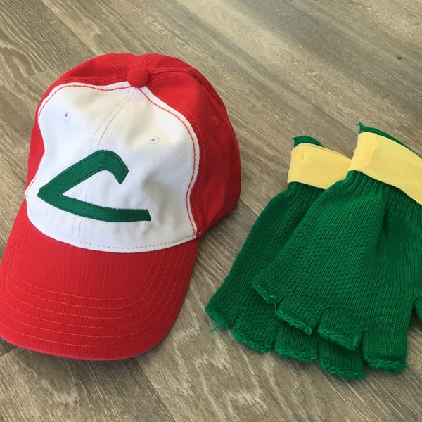 Pokemon Trainer ADULT Costume Set --- Ash KETCHUM  Cosplay  - Hat & Gloves - Made/ shipped in USA