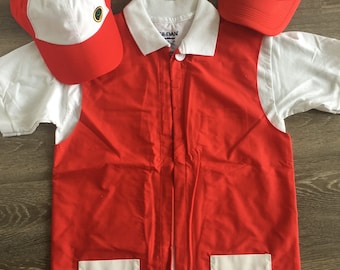 RED 2 pc Set - Jacket & Hat - Pokemon Cosplay - Trainer cosplay Ash Ketchum / Pikachu