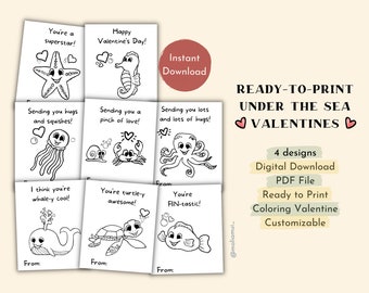 Printable Sea Animal Coloring Valentines for Kids | INSTANT DOWNLOAD