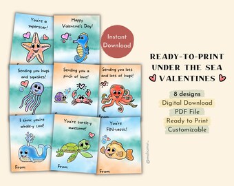 Printable Sea Animal Valentines for Kids | INSTANT DOWNLOAD