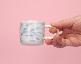 Handmade small cup with handpainted blue striped decoration, cup for espresso, tiny coffee mug with handle