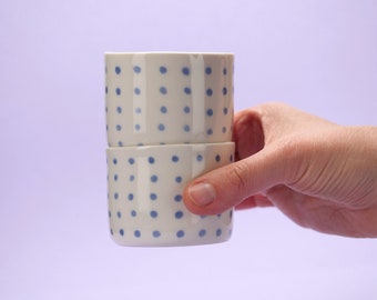 Blue-white small cup set. Small cup pair with hand dotted decoration, two small handmade tumblers with blue dots