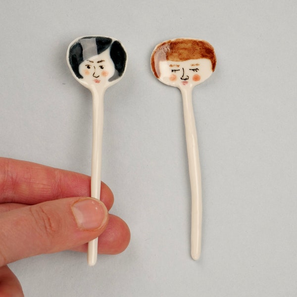 Two very small and cute ceramic spoons with hand painted face • handmade delicate porcelain salt spoons