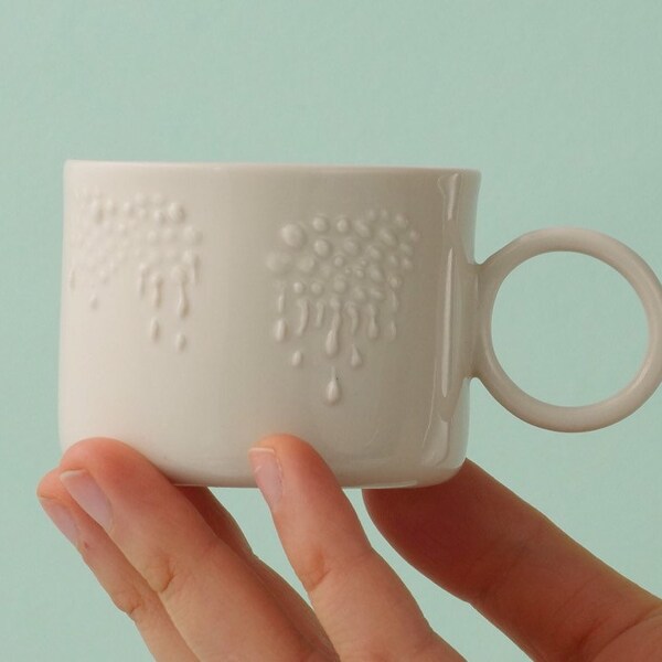 Rainy cup. White porcelain espresso cup or mug for tea, coffee as a unique, small, coffee gift for her birthday