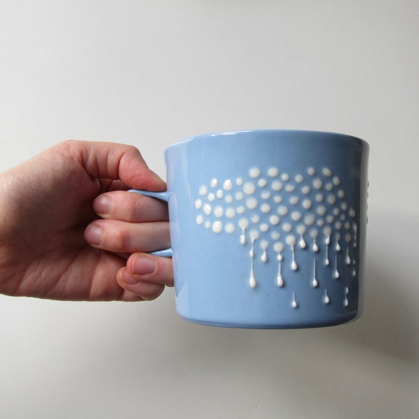 Handmade large blue porcelain cup with white cloud & rain decoration, ceramic rainy mug for tea, coffee, snacks and desserts.