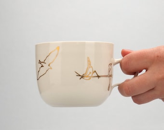 White mug with golden birds, handled cup for tea, coffee, hot chocolate, cappuccino